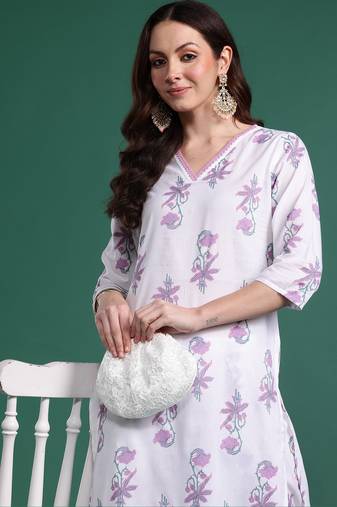 White printed pure cotton kurta trouser set