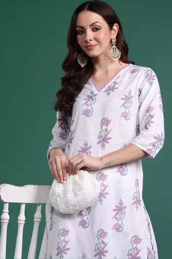 White printed pure cotton kurta trouser set