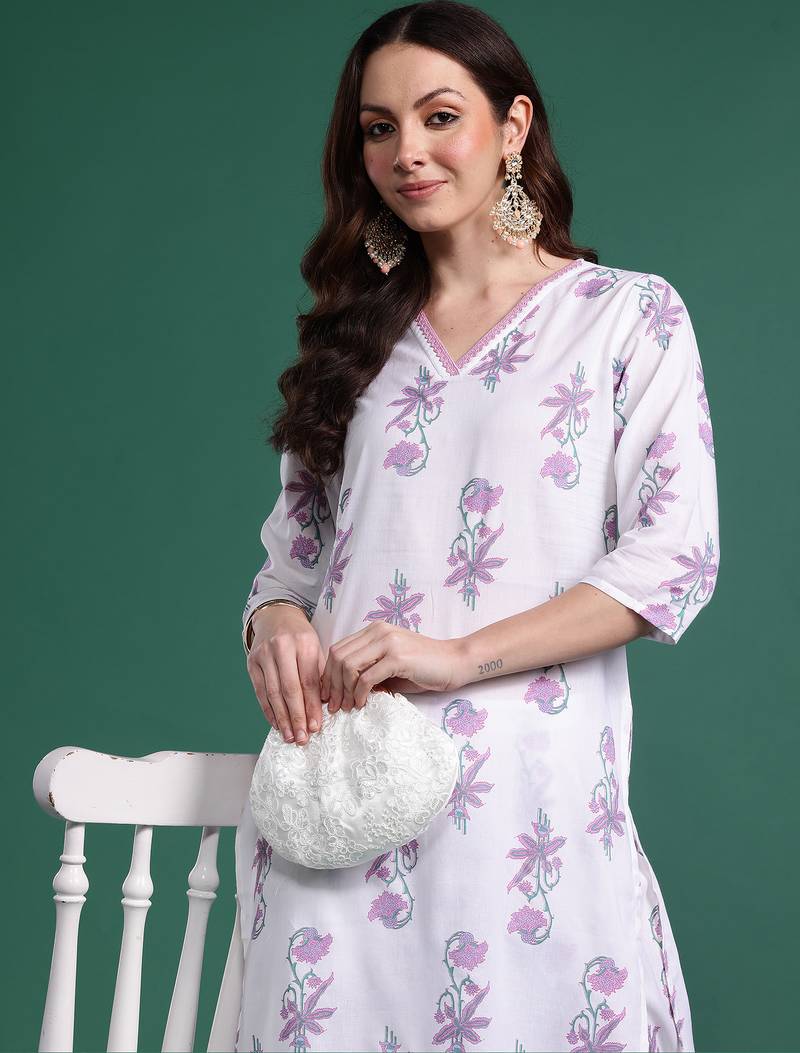 White printed pure cotton kurta trouser set