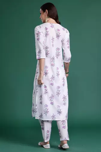 White printed pure cotton kurta trouser set