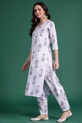 White printed pure cotton kurta trouser set