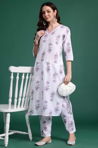 White printed pure cotton kurta trouser set