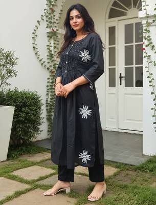 Black printed pure cotton kurta trouser set 3