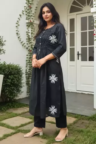 Black printed pure cotton kurta trouser set