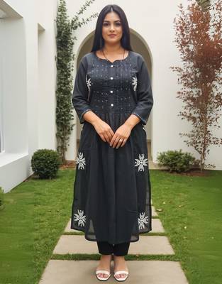 Black printed pure cotton kurta trouser set 4