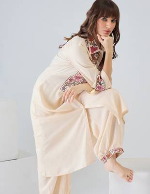 Beige embroidered viscose rayon kurta trouser set 1