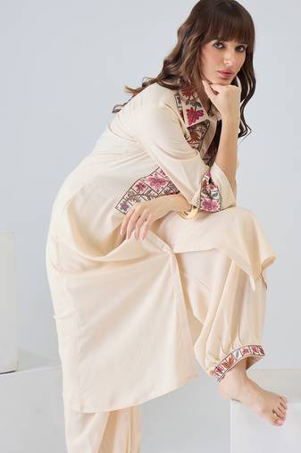 Beige embroidered viscose rayon kurta trouser set