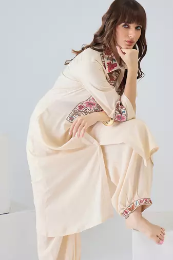Beige embroidered viscose rayon kurta trouser set