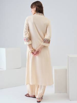 Beige embroidered viscose rayon kurta trouser set 2