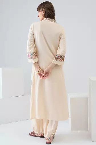 Beige embroidered viscose rayon kurta trouser set