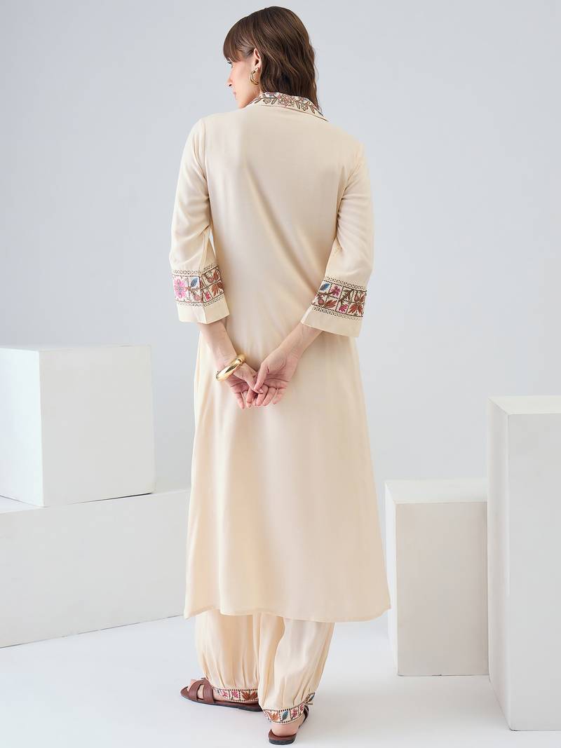 Beige embroidered viscose rayon kurta trouser set