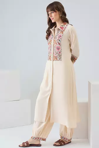 Beige embroidered viscose rayon kurta trouser set