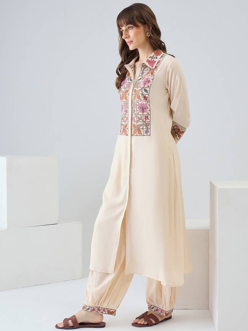 Beige embroidered viscose rayon kurta trouser set
