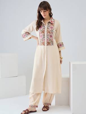 Beige embroidered viscose rayon kurta trouser set 4