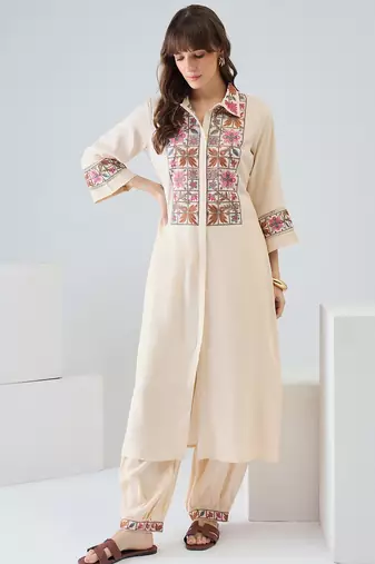 Beige embroidered viscose rayon kurta trouser set