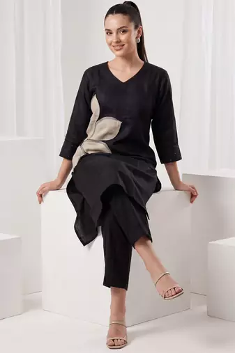 Black printed silk kurta trouser set