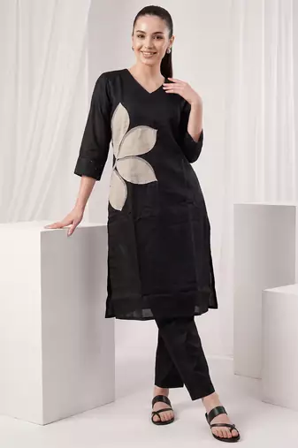 Black printed silk kurta trouser set