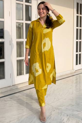 Mustard printed pure cotton kurta trouser set