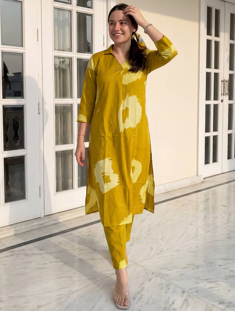Mustard printed pure cotton kurta trouser set