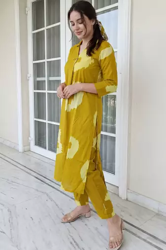 Mustard printed pure cotton kurta trouser set
