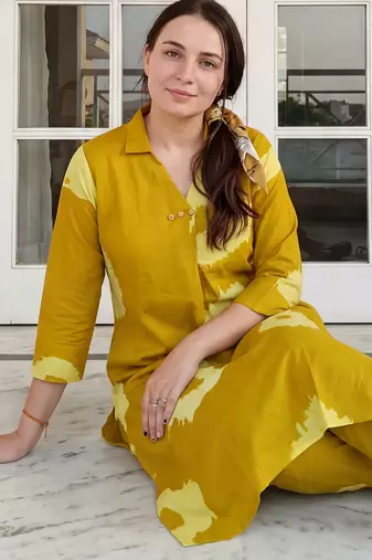 Mustard printed pure cotton kurta trouser set