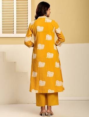 Yellow printed pure cotton kurta trouser set 2