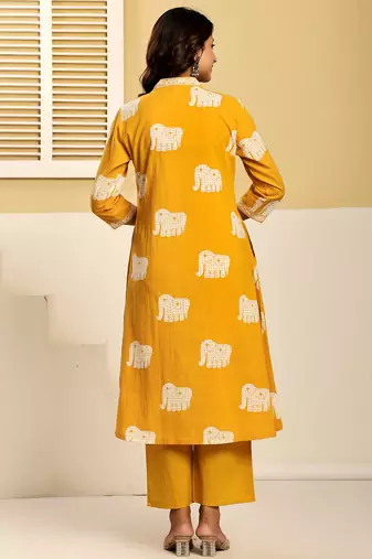 Yellow printed pure cotton kurta trouser set