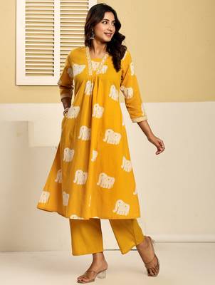 Yellow printed pure cotton kurta trouser set 3
