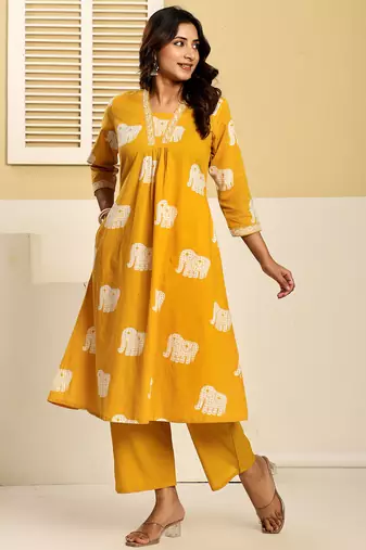 Yellow printed pure cotton kurta trouser set
