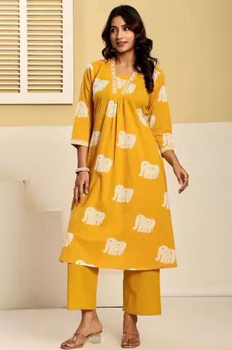 Yellow printed pure cotton kurta trouser set