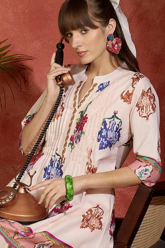 Peach printed pure cotton kurta trouser set