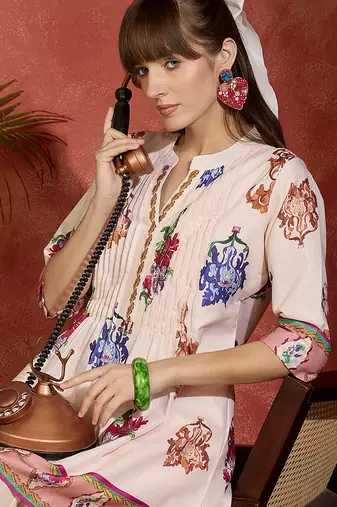 Peach printed pure cotton kurta trouser set