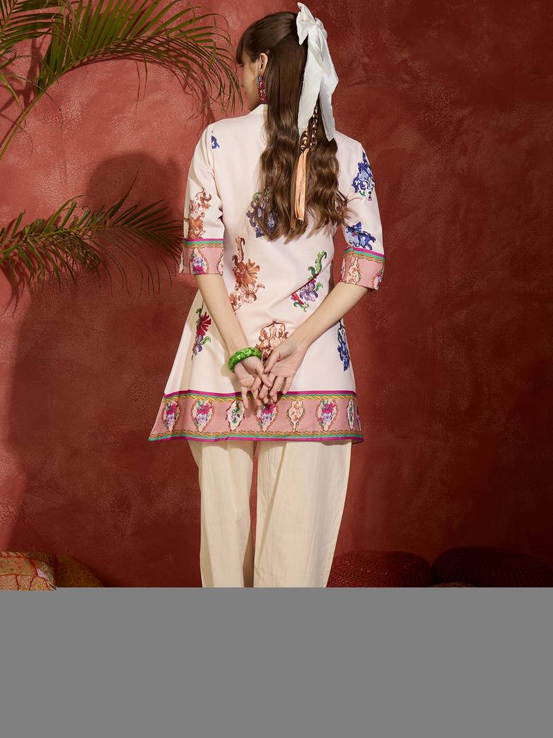 Peach printed pure cotton kurta trouser set