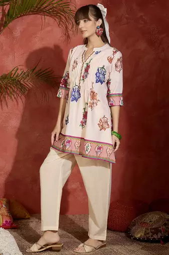 Peach printed pure cotton kurta trouser set
