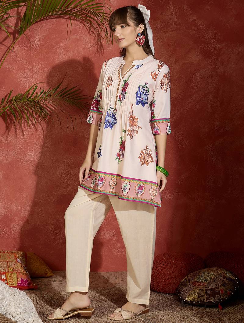 Peach printed pure cotton kurta trouser set