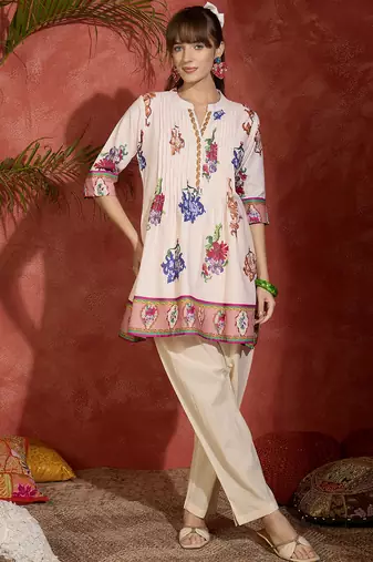 Peach printed pure cotton kurta trouser set