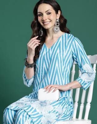 Blue printed pure cotton kurta trouser set 1