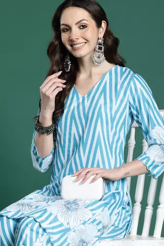 Blue printed pure cotton kurta trouser set