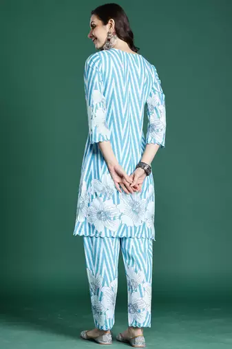 Blue printed pure cotton kurta trouser set