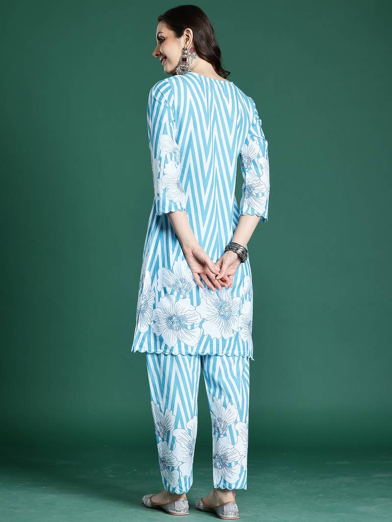 Blue printed pure cotton kurta trouser set