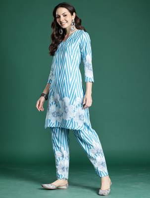 Blue printed pure cotton kurta trouser set 3