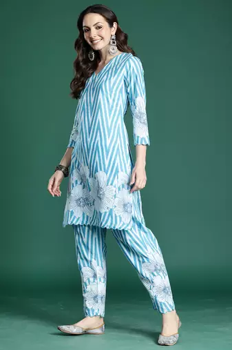 Blue printed pure cotton kurta trouser set