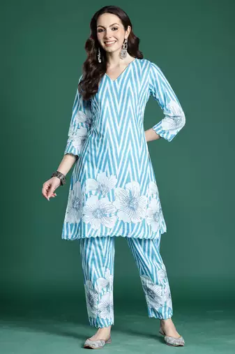 Blue printed pure cotton kurta trouser set