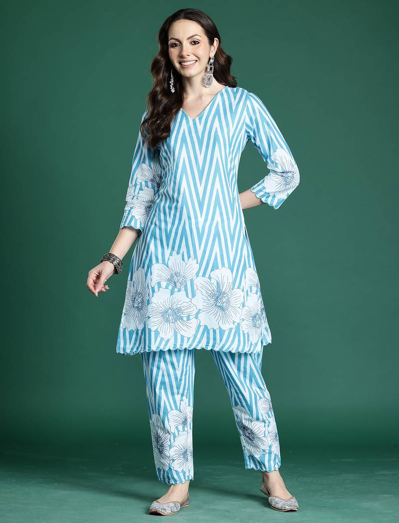 Blue printed pure cotton kurta trouser set