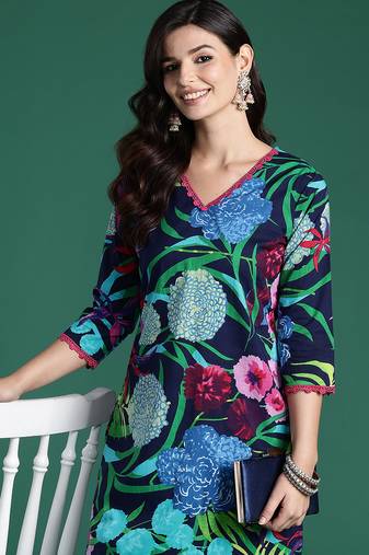 Black printed pure cotton kurta trouser set