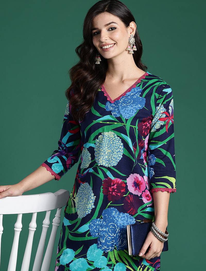 Black printed pure cotton kurta trouser set