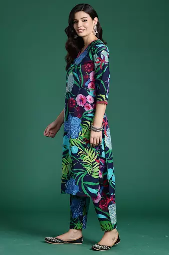 Black printed pure cotton kurta trouser set