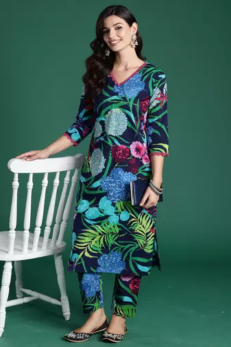 Black printed pure cotton kurta trouser set