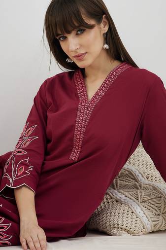 Red embroidered pure cotton kurta trouser set