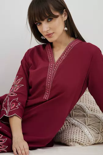 Red embroidered pure cotton kurta trouser set